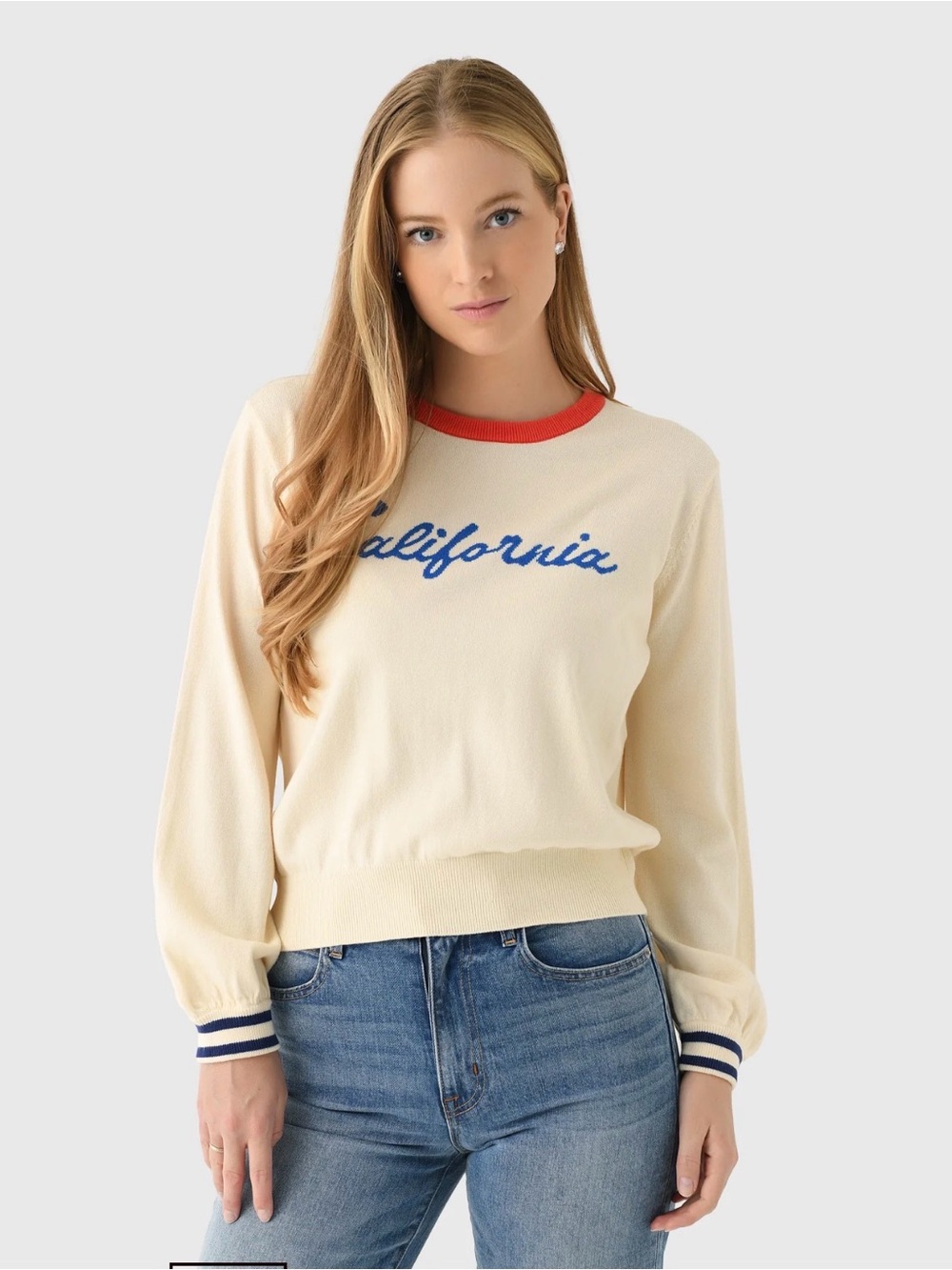 Women's Ryann Sweater Cream 'California' Sweater with Red Trim 100% cotton